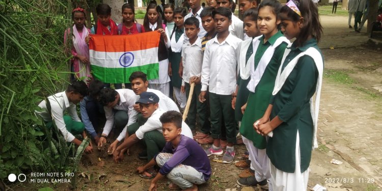 आजादी के अमृत महोत्सव में तिरंगा लेकर छात्रों ने रोपा नारियल...